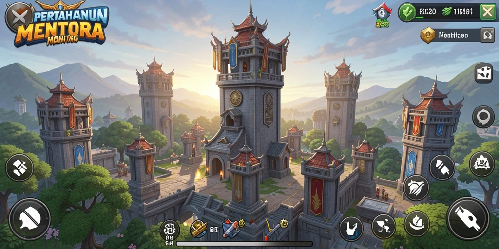 Tampilan gameplay 8ID dengan menara pertahanan yang kuat dan musuh yang menyerang.