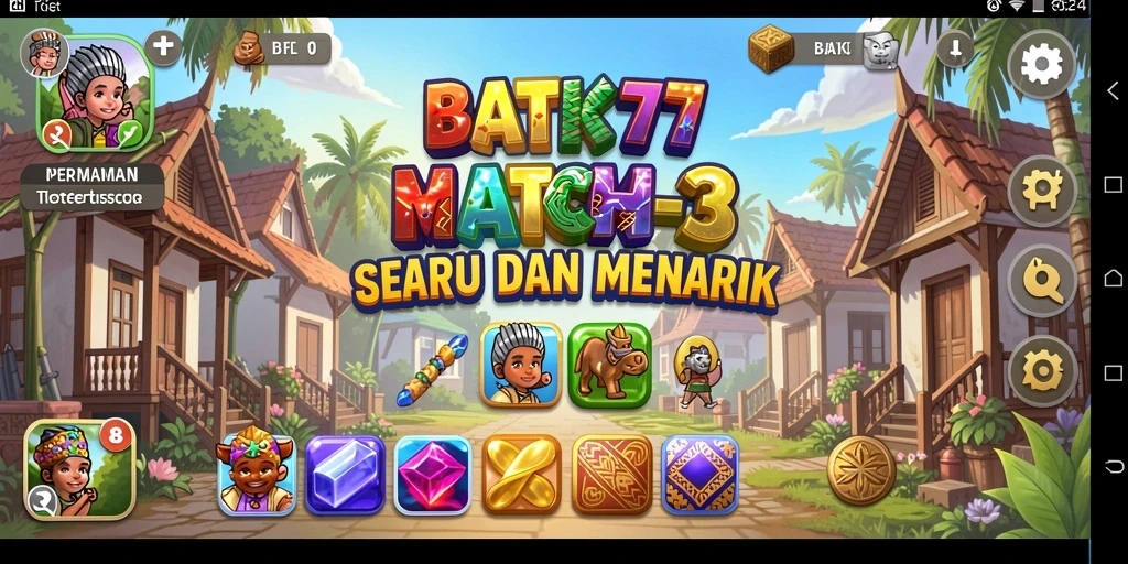 Tampilan gameplay seru dalam game Match-3 BATIK77 yang penuh warna.