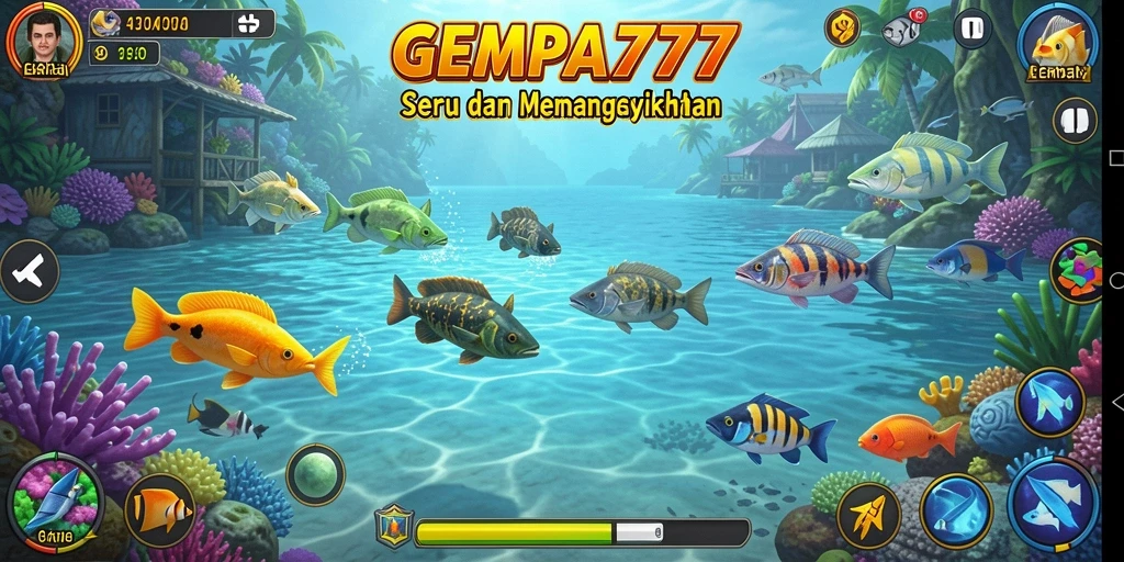 Tampilan gameplay GEMPA777 dengan menembak ikan yang berwarna-warni.