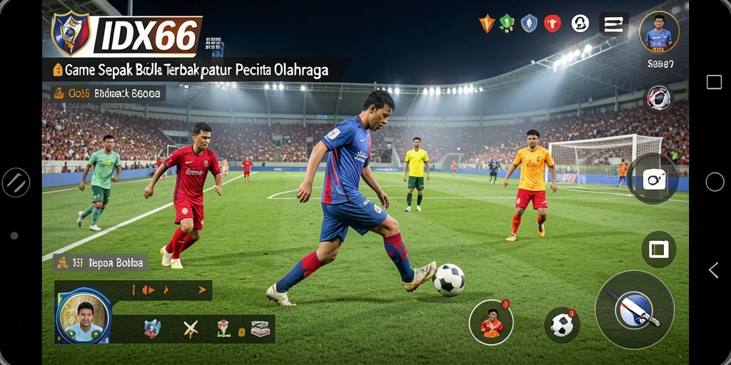 Screenshot gameplay IDX66 menampilkan aksi seru di lapangan sepak bola.