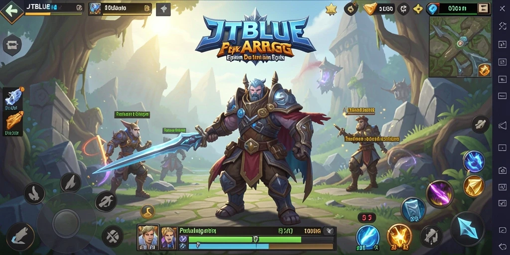 Tangkapan layar utama JTBLUE menampilkan pertempuran epik di dunia ARPG.