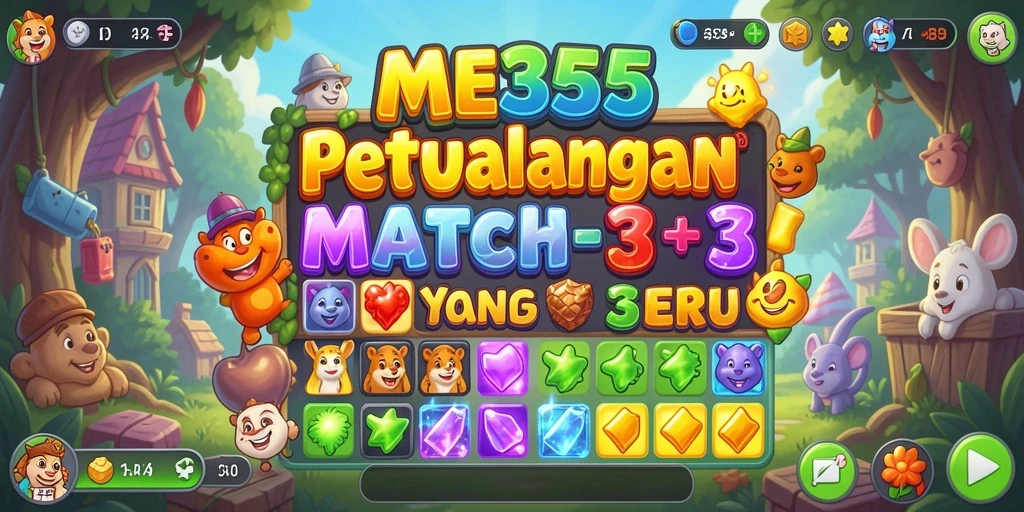 Tampilan gameplay ME355 dengan objek match-3 yang berwarna-warni.