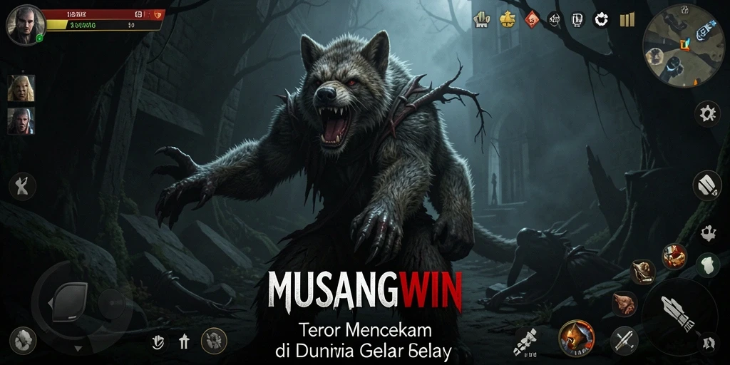 Screenshot gameplay MUSANGWIN menampilkan momen menyeramkan saat menjelajahi ruang gelap.